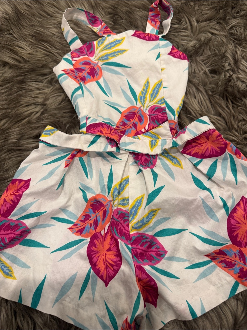 Girls White Floral Cutout Romper with Pink & Teal Leaves - Picture 4 of 4